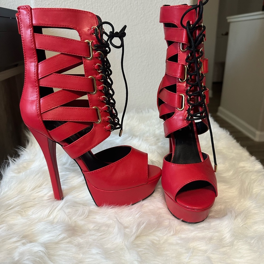 Steve Madden Red Strappy Lace-Up Platform Heels US8.5